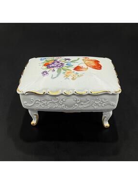 Vintage ISCO Germany Porcelain Jewelry Box Floral Trinket Box Gold Trim, 4"x2.5"